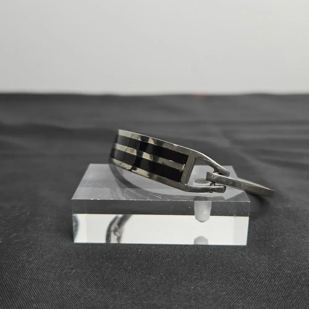 Vintage Taxco Mexico Black Onyx Inlay Hinged Bracelet Silver Tone - Picture 2 of 8